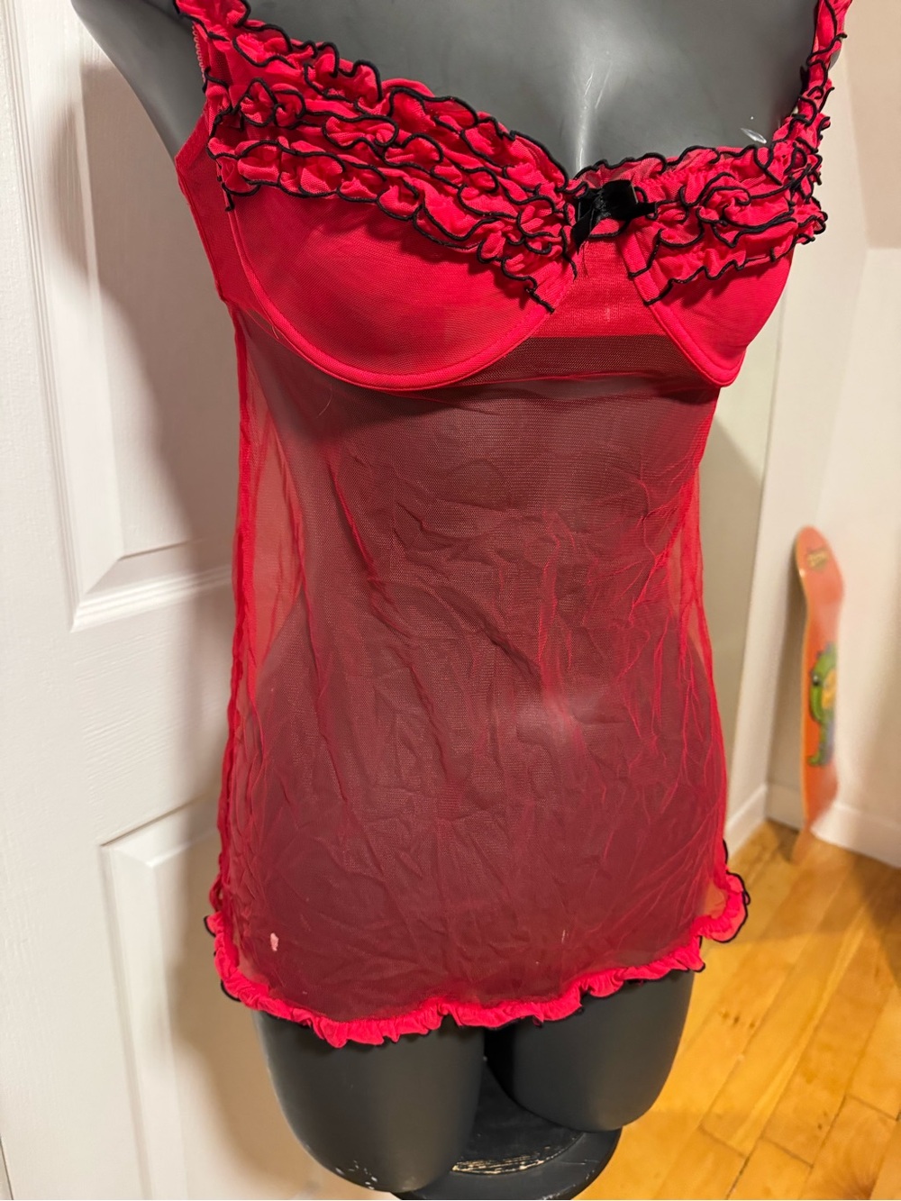 Red Ruffled Sheer Babydoll Lingerie - Picture 3 of 5